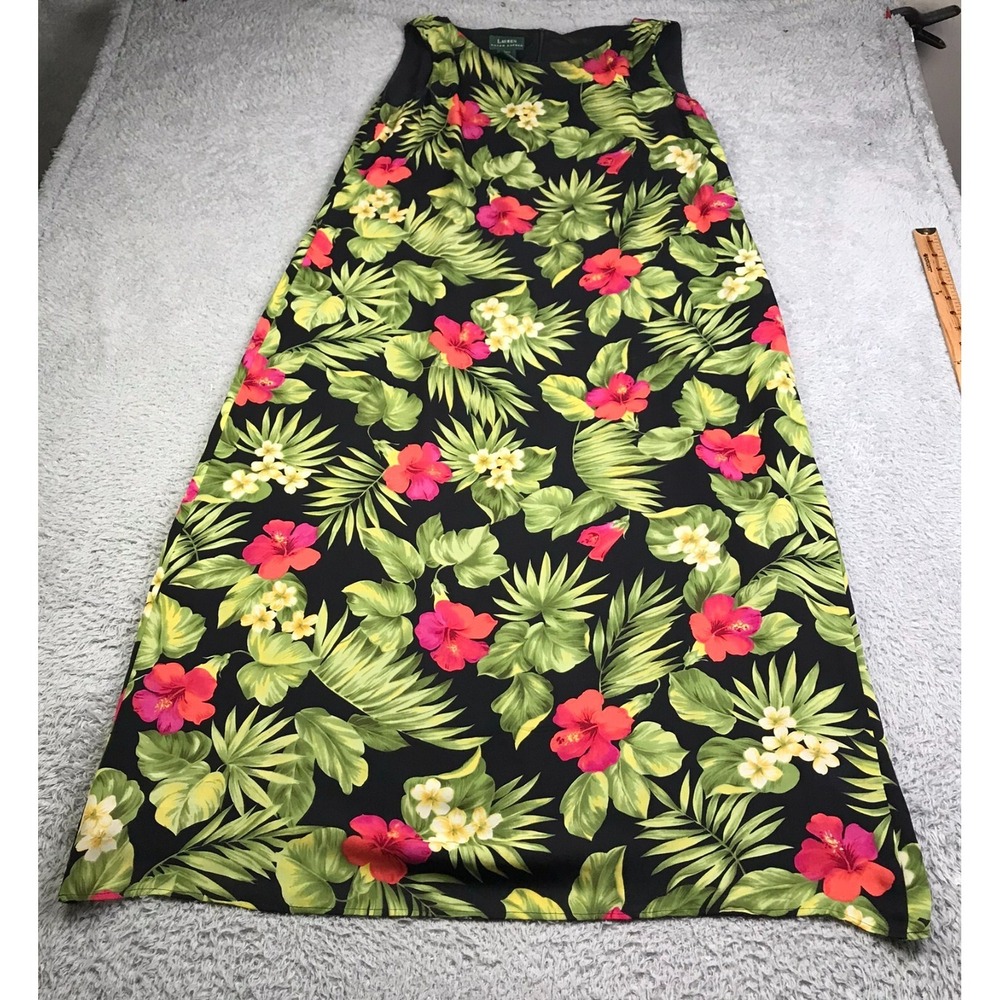 LRL Ralph Lauren Maxi Tank Dress Womens 22W Black Tropical Floral 100% Silk